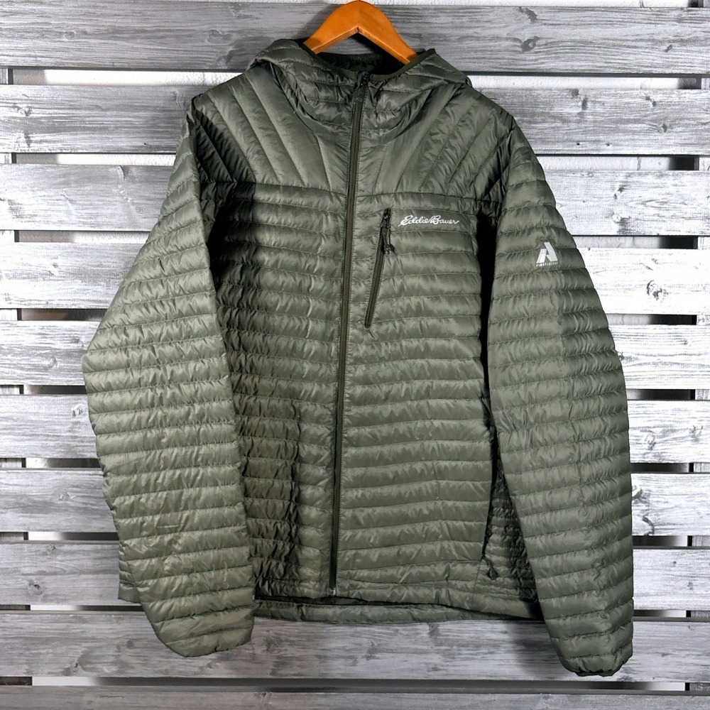 Eddie Bauer Mens XL Puffer Jacket Hooded EB800 Goose Down Green Pertex Quantum